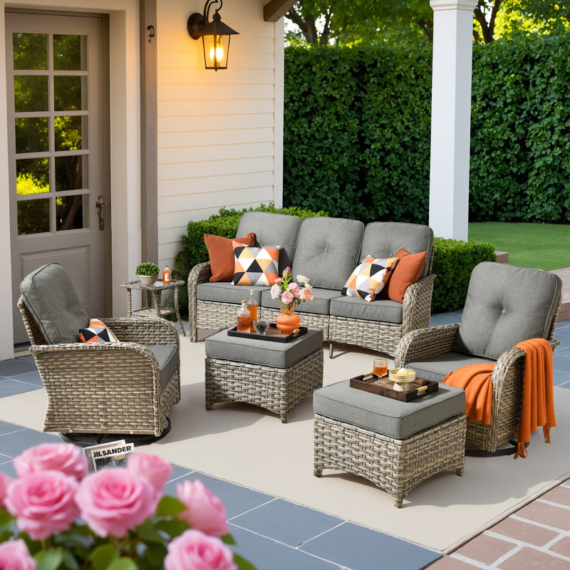 7 Seater Outdoor Wicker Modular Seating Set With Cushions, Modern Modular Rattan Guest Set, Patio Furniture Set With Armrests