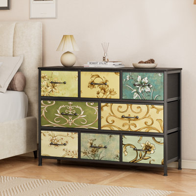 Industrial 8 Drawer Wide Fabric Storage Dresser, Rustic Wood Top & Metal Frame, Large Storage Organizer Unit for Bedroom Living Room Closet