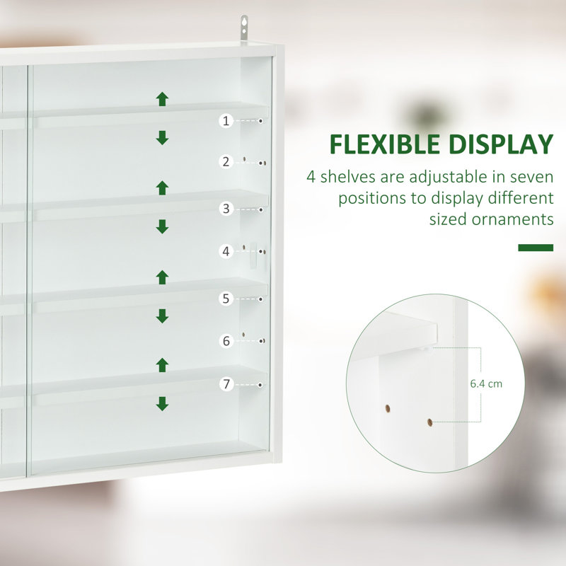 Display Cabinet, Glass Display Case With 2 Doors And Adjustable Shelves, Wall-Mounted,, White