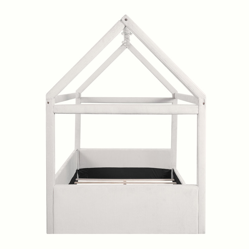 Full Size Upholstered House Daybed with LED Light Strips, Solid Wood Frame, Corduroy Fabric & Touch Switch Lighting, Beige
