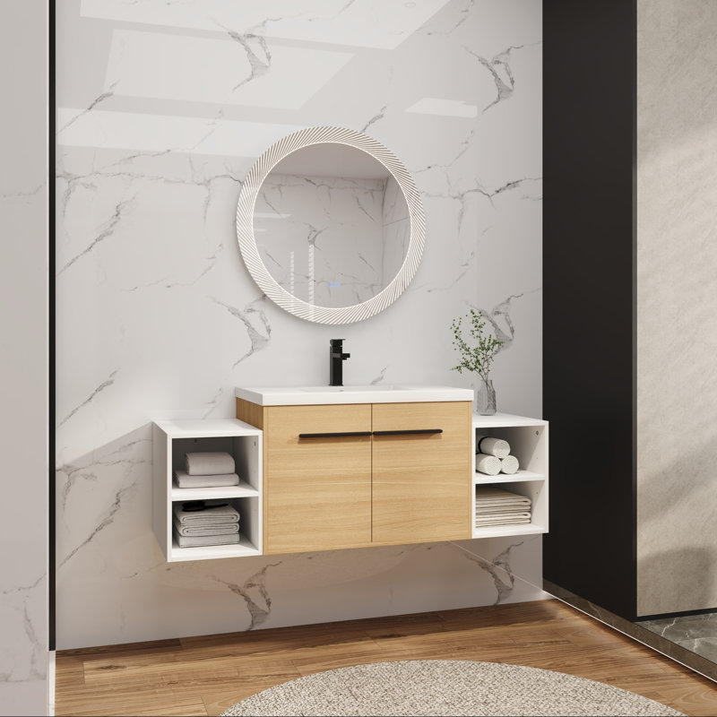 Meuble-lavabo de salle de bain avec lavabo en résine, fixation murale et deux tablettes de rangement, 30"