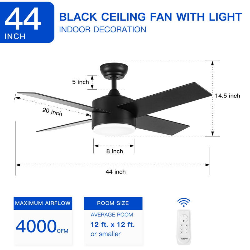Ventilateur de plafond à DEL de 43,96 po avec télécommande et ensemble d'éclairage inclus, Noir