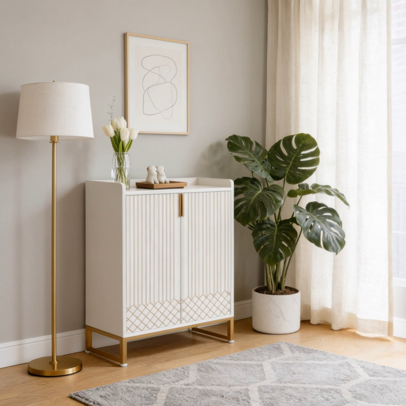Modern Shoe Cabinet with Doors, 5-Tier Modern Shoe Rack Organizer, Gold/White