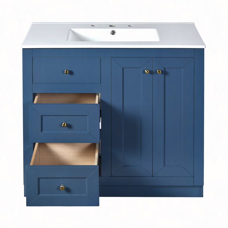 Meuble-lavabo autoportant de 36 po avec lavabo en céramique, armoire de rangement avec 2 tiroirs et tablette en bois massif et panneau de fibres à densité moyenne