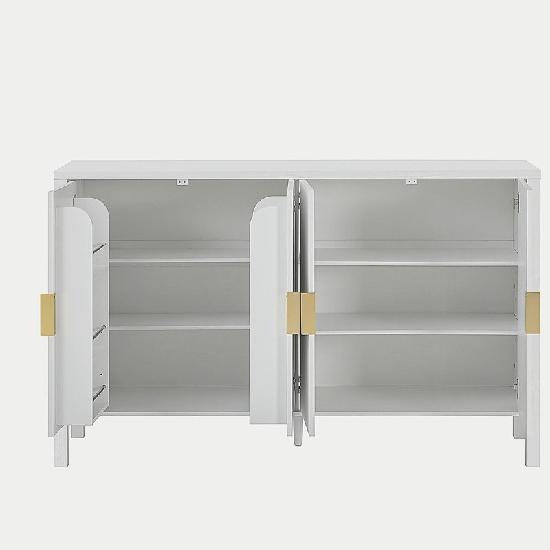 Modern 57.5" Stripe Door Storage Cabinet, 4-Door Sideboard with Back-of-Door Storage Racks & Side Hooks, Adjustable Shelves, MDF Cabinet with Aluminum Handles