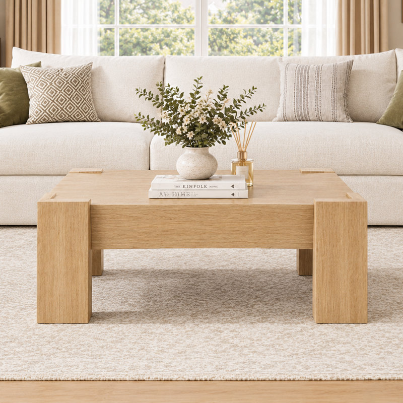 Table basse carrée de 31,5 pouces, Bois naturel / beige