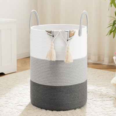 Panier à linge, panier à linge en corde de coton tissé, 60 L pour le rangement décoratif des vêtements sales, des jouets et des couvertures dans la salle de bain, la chambre à coucher et le salon
