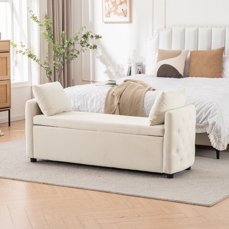 Storage Bench For Bedroom, 60" End Of Bed Bench For King Size Bed, Velvet Tufted Bench Modern Upholstered Long Ottoman Bench With Arm