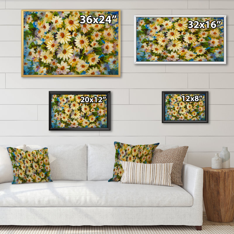 «Camomille White Wildflowers Blue II», reproduction sur toile flottante, H 8 po x l 12 po x P 1 po, Cadre flottant doré