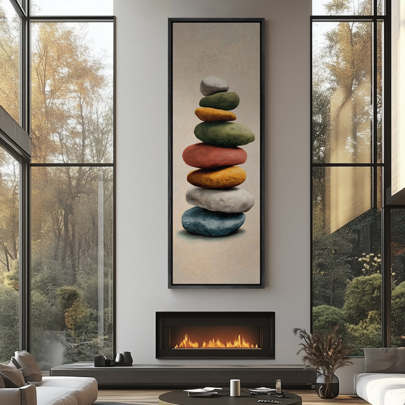 Stacked Stones Zen Art Extra Large Pictures Framed Canvas Print Wall Art, Black, 60" H x 20" W