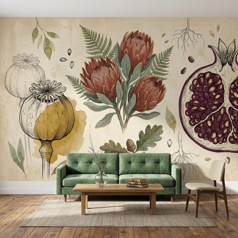 Papier peint botanique rétro avec illustration florale amovible de grenade, 120 po x 96 po, Texturé non collé