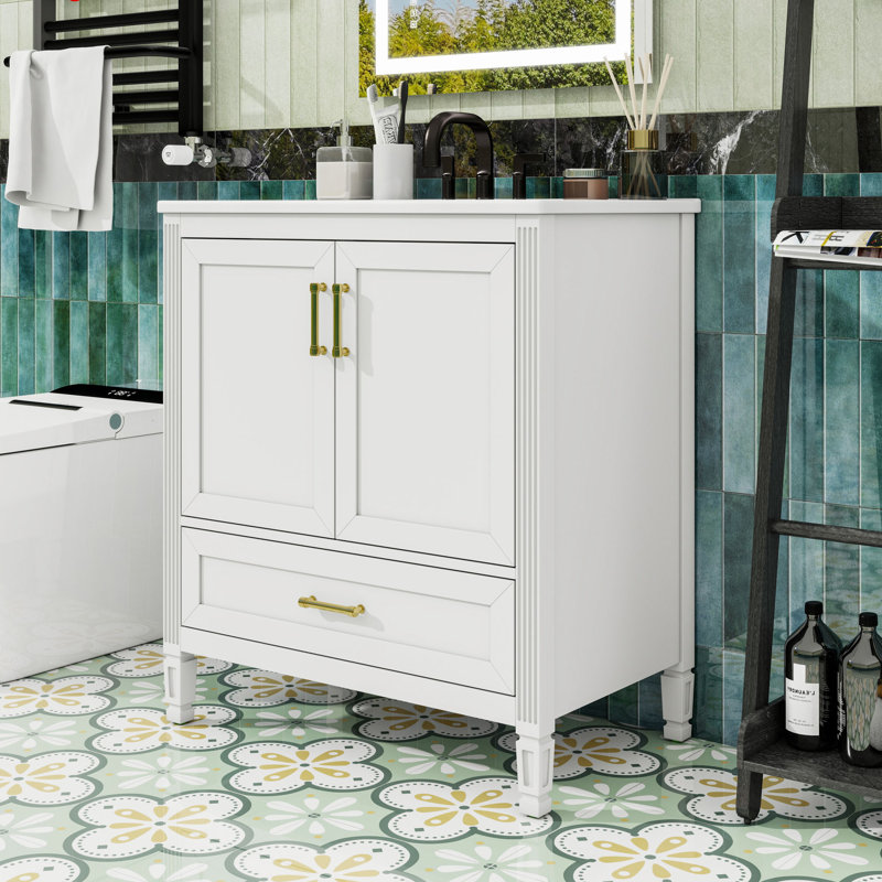 Meuble-lavabo autoportant moderne avec lavabo en céramique, charnières à fermeture en douceur et support de porte de rangement