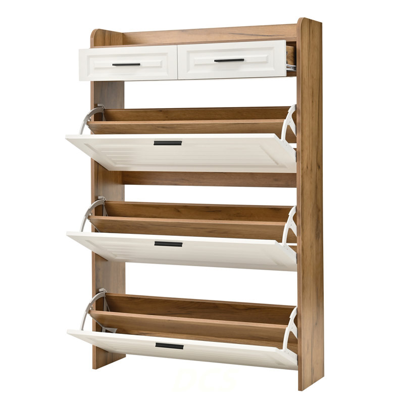 Armoire à chaussures avec 2 tiroirs, Blanc/noyer