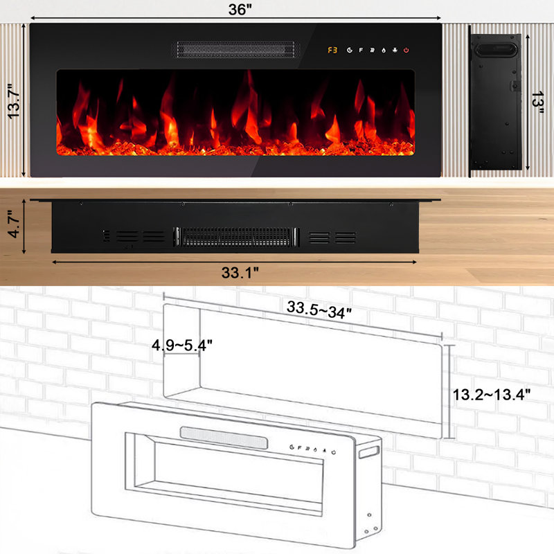 Dual Recessed & Wall Mounted Electric Fireplaces,36"W Remote Control Fireplace Heater Stoves,Touching Screen Insert Electric & Alternative Fuel Fireplaces Stoves
