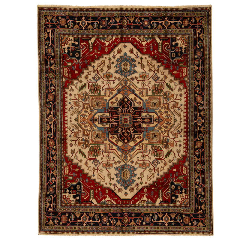 Tapis ivoire et bleu noué à la main de haute qualité