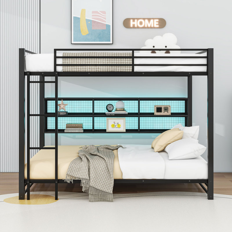 Grand lit superposé en métal avec lumières DEL et tablettes de rangement