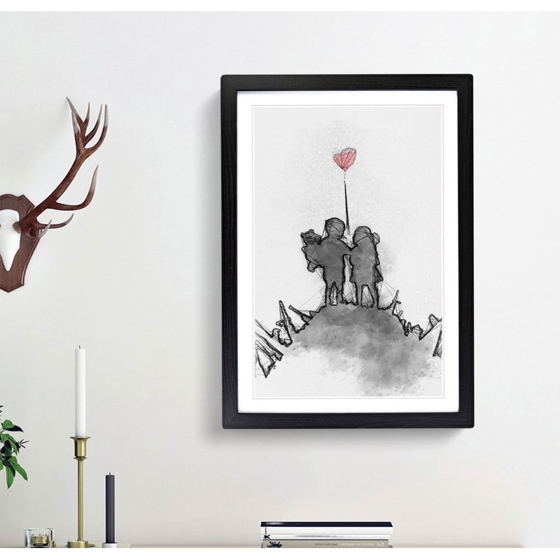 Boy & Girl with Red Balloon in Abstract - Picture Frame Painting Print, 36cm H x 27cm W x 2cm D, Black Framed