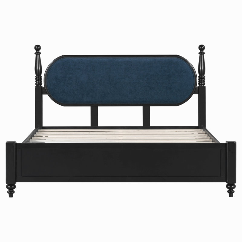 Queen Bed Frame, Solid Wood Platform With Slats, Upholstered Headboard, Black/Navy Blue
