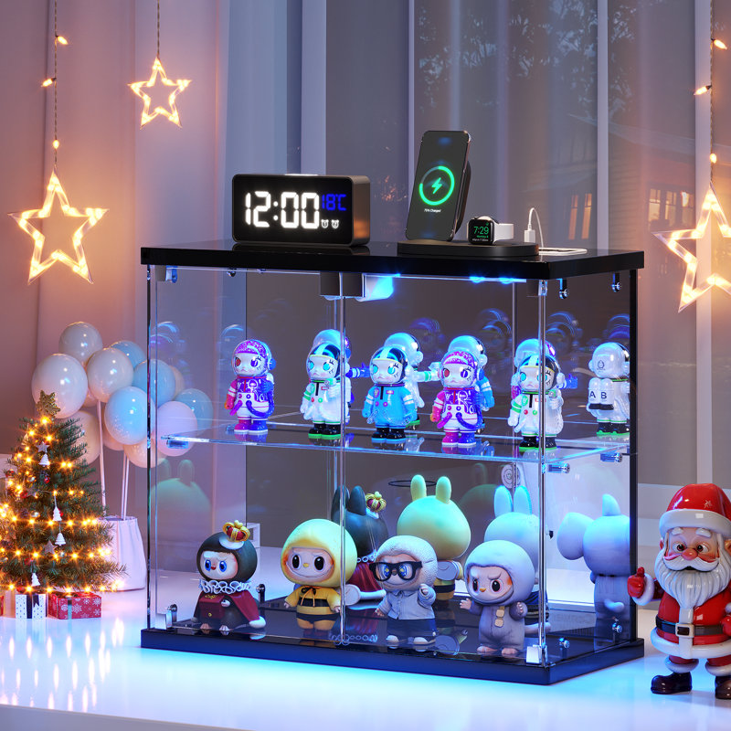 2-Tier Mini Display Cabinet with LED Lights, Charging Station, Black