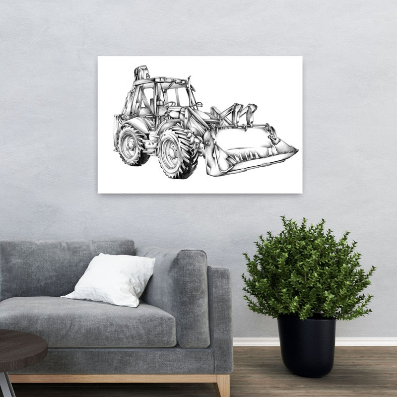 Illustration murale industrielle d'une puissante pelle rétrocaveuse, H 32 po x l 48 po