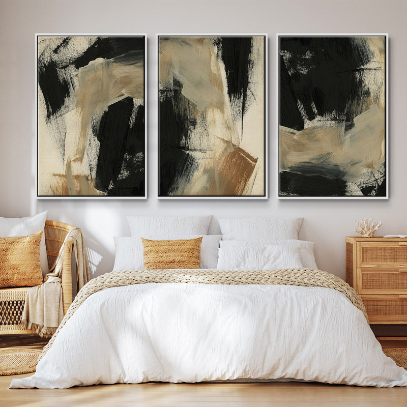 Baked Paintstrokes IV, ensemble de 3 toiles encadrées, H 27 po x l 54 po, Blanc