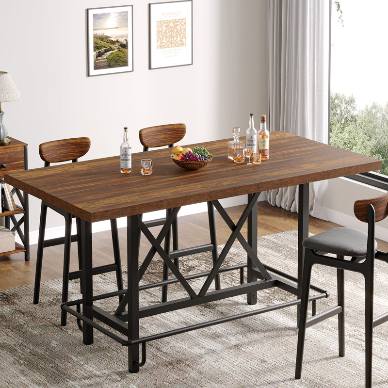 Counter Height Bar Table, 62.99" Long Pub Bar Table With Metal Footrest For Dining Kitchen Breakfast, Brown