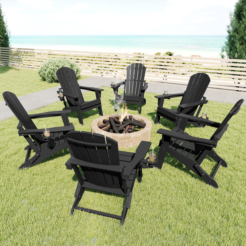 HDPE Folding Adirondack Chair with Cup Holder, Black, Black