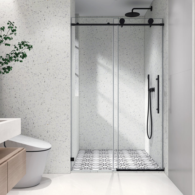 Porte de douche sans cadre l 48 po x H 76 po avec verre trempé à fermeture douce réglable de 5/16 po, Noir mat
