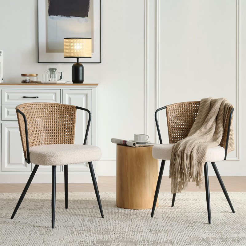19" Seat Height Rattan Dining Chair - Wingback Dining Room Seat With Metal Legs For Home, Kitchen(Set of 2), Natural, 2