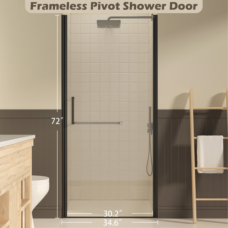 33-34" W ×72" H Frameless Pivot Shower Door, Pivot Swing Shower Glass Doors with 1/4"(6mm) SGCC Clear Tempered Glass,Explosion-Proof Film, Reversible Installation, Matte Black