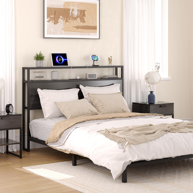 Tête de lit Jamad avec lumières DEL et ports de charge, Double, Brun
