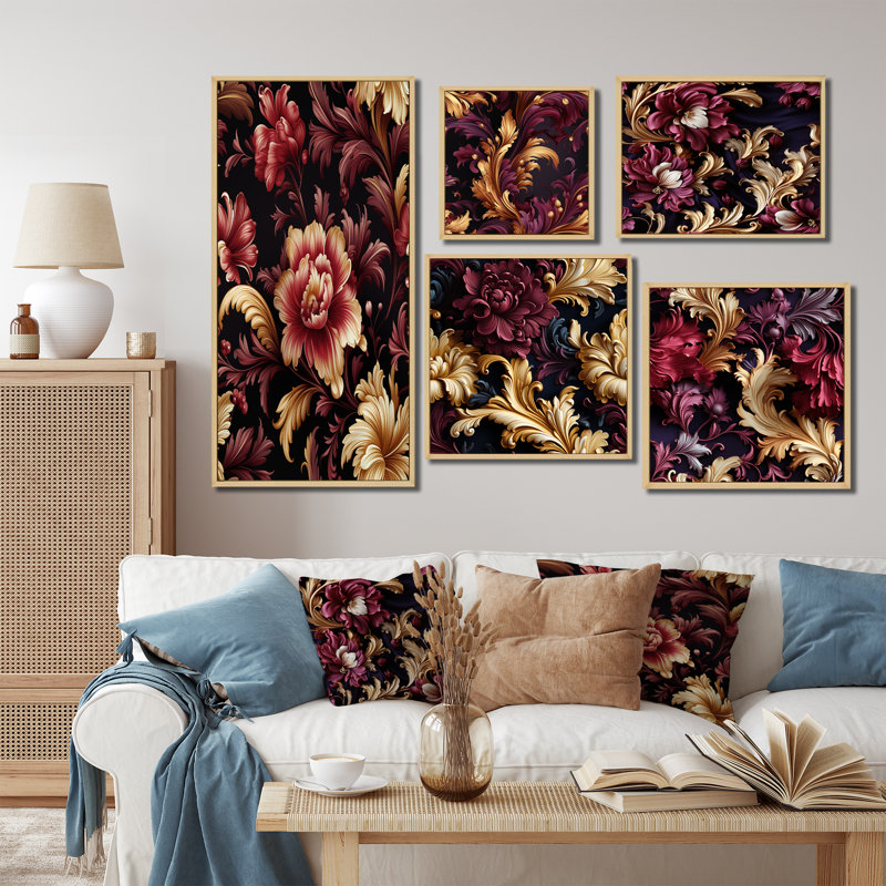Gainsborough - Ensemble de 5 reproductions d'art sur toile damassées, Cadre flottant brun
