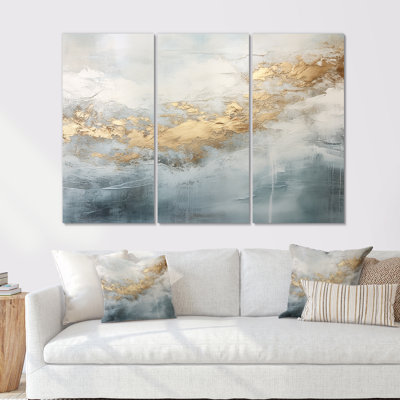 Beige, bleu, or, océan, tempête V, ensemble d'art mural sur toile à formes abstraites