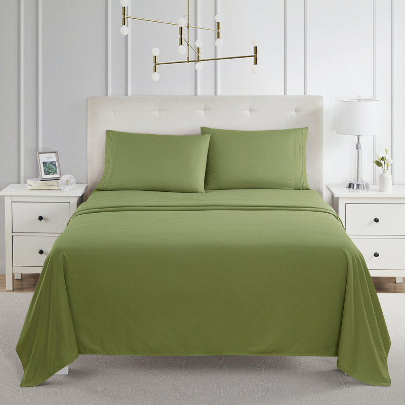  Ensemble de draps double brossé de luxe pour hôtel avec draps et taies d'oreiller très doux, Vert Calla, Double