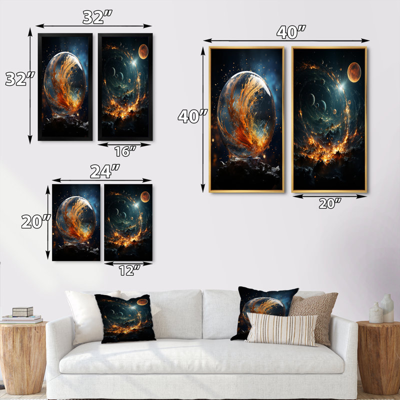 Galaxies Planets "Galaxies Planets" 2 - Pièces sur, Encadrement doré, H 40 po x l 40 po