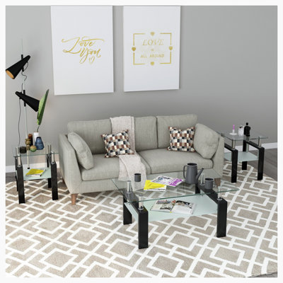 3-Piece Coffee Table,Square Glass Tea Table