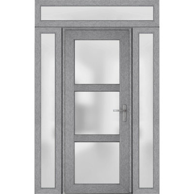 Front Exterior Prehung uPVC Metal-Plastic Door Frosted Glass Manux 8552 Grey Ash 2 Side and Top Exterior Window Office Commercial and Residential Doors Entrance Patio Garage-W14+36+14 x H80+14-Right-hand Inswing