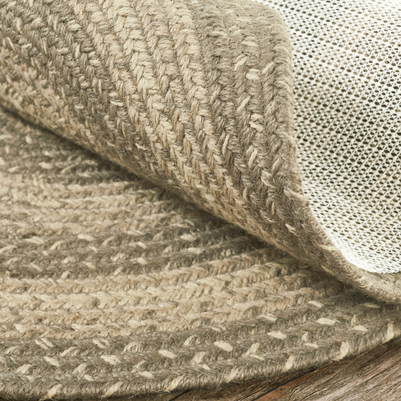 Tapis en laine tressé géométrique Amadus / kaki jute / taupe gris / crème, Demi-cercle 1 pi 4 po x 2 pi 9 po