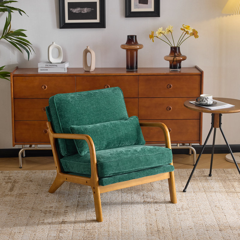 Mid Century Solid Wood Accent Chair Chenille Armchair, Dark Green