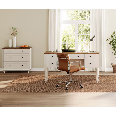 Farmhouse Style Desk And Wooden Dresser Combo Set, Mid Century Modern Wooden Closet Storage Organizer, Writing Desk For Work, Home Office And Living Room, White