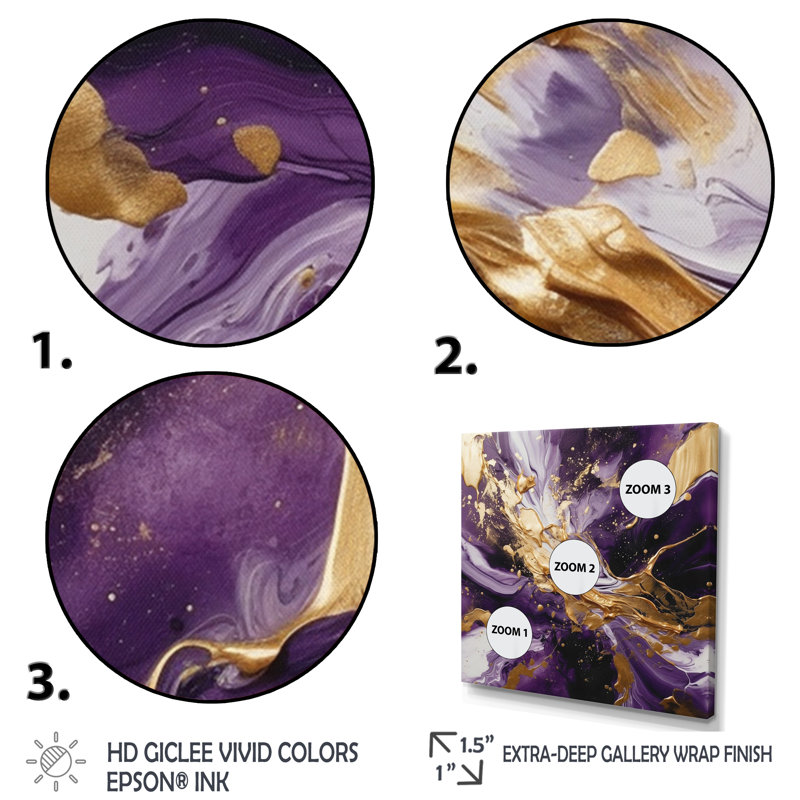 Mauve et or liquide Magic III - Art mural abstrait pour le salon, Doré, H 16 po x l 16 po, Cadre photo unique