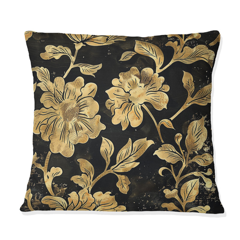 Or doré et fleurs délicates délicates I - coussin damassé, Carrée, H 18 po x l 18 po