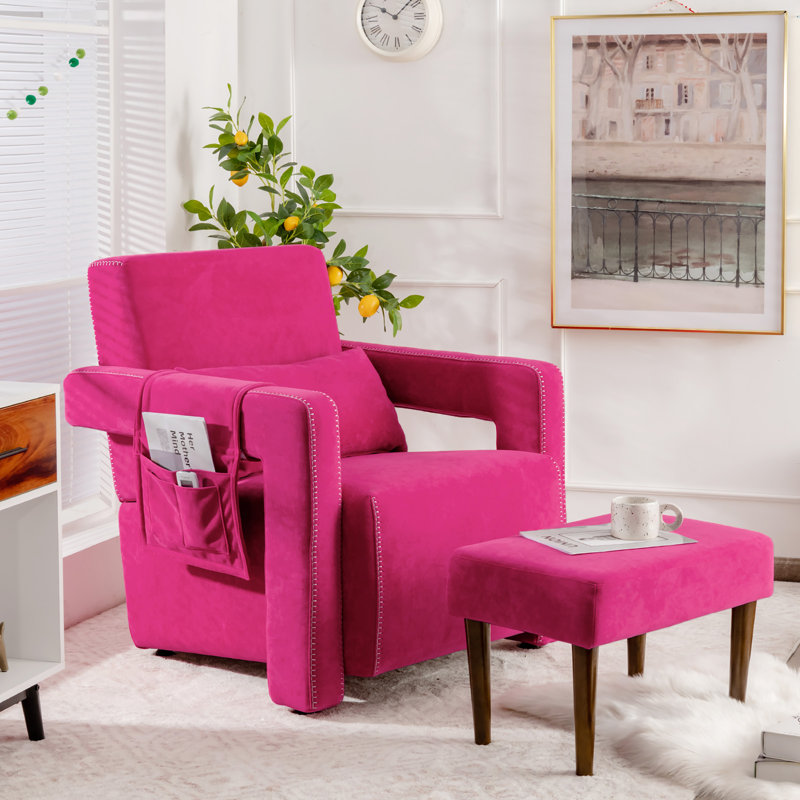 Aidenjohn Upholstered Armchair with Ottoman, Rose Red Berber Fleece
