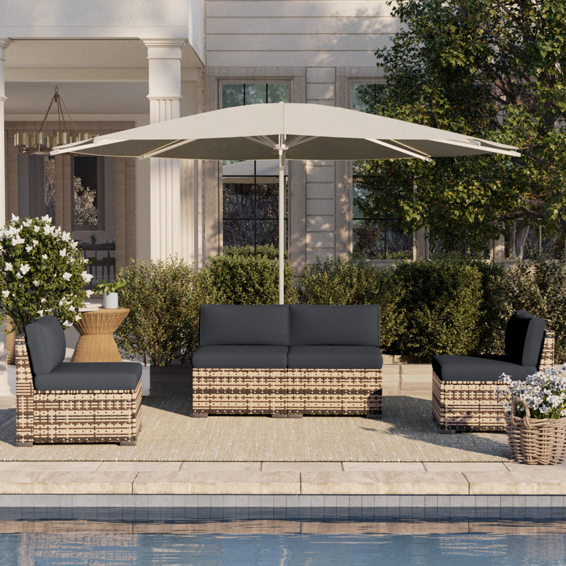 Outdoor Yellow PE Rattan Slant Back Wicker Sofa, 4 Armless Sofas Set, All-Weather Patio Couch For Porch, Backyard, Garden