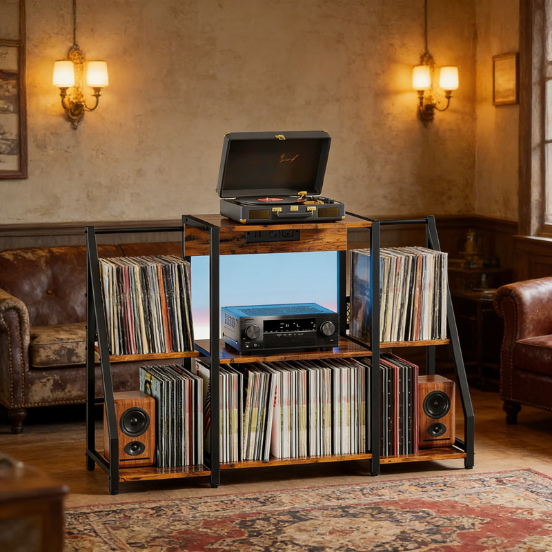 Record Player Stand With Power Outlet And LED Light, Vinyl Record Storage Cabinet Holds Up To 300 Albums, Multi-Tier Media Shelf For Turntable, Books, And Magazine Display