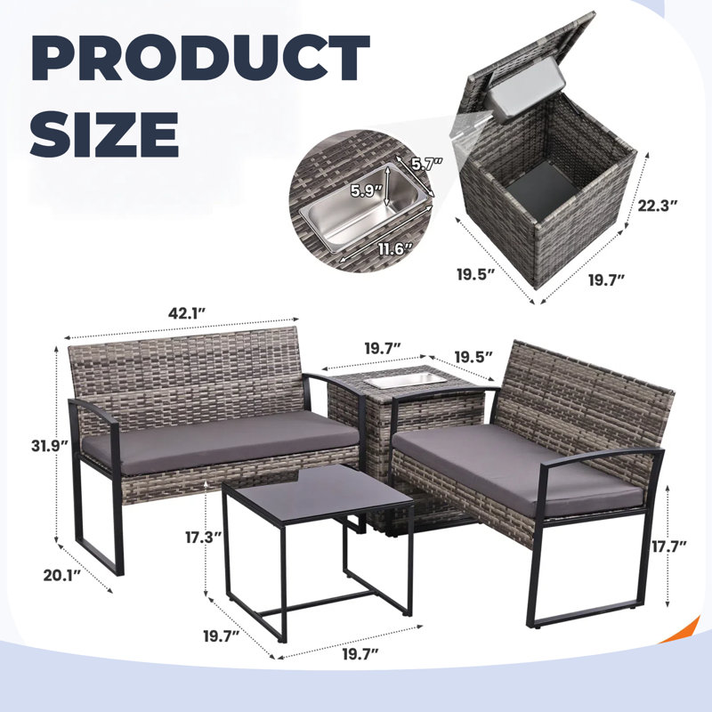 Ensemble de canapé modulaire d'extérieur 4 pièces de qualité supérieure - Osier en polyéthylène toutes saisons avec coussins lavables et seau à glace intégré