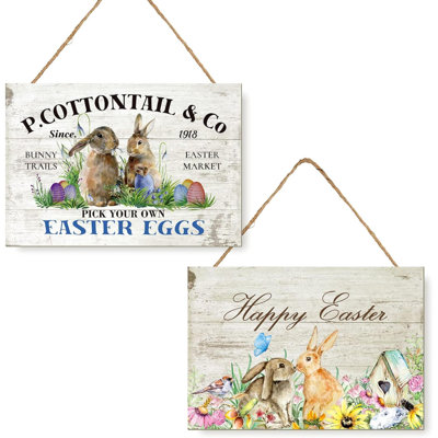2 Pack Happy Easter Wooden Hanging Sign Bunny Door Wall Decoration Rustic Easter Wood Welcome Sign For Easter Spring Holiday Home Coffee Shop Bakery Farmhouse Window
