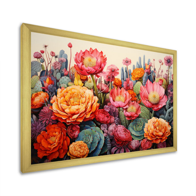 Désert cactus jardin IV - art mural désert, Cadre doré simple, H 30 po x l 40 po x P 1,5 po