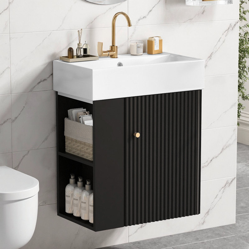 Meuble-lavabo flottant moderne 21,6 po avec lavabo en céramique | Conception peu encombrante et rangement à gauche - Noir