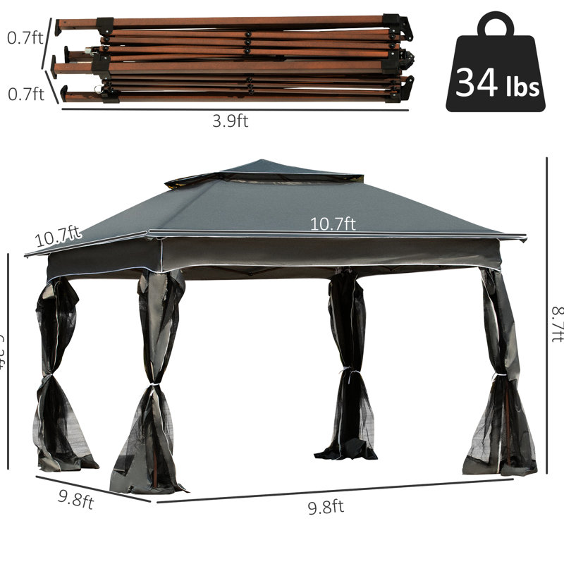 Outdoor Pop-Up Patio Gazebo Canopy For Backyard, 11' X 11', Dark Gray. Removable Zippered Net. Instant Tent, 114 Sq. Ft. Shade Pop Up Canopy, Shelter With Detachable Zipper Event Tent Garden. Sq Ft